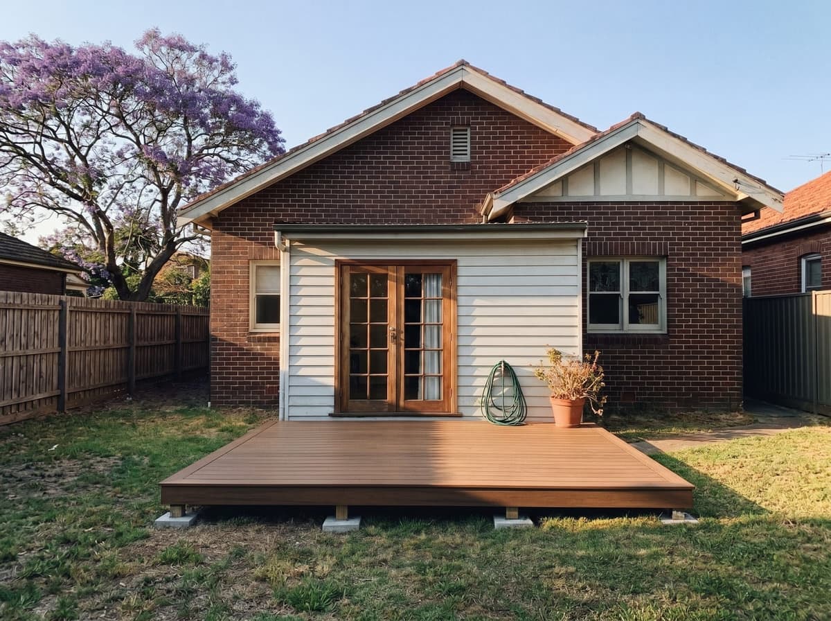 AI picture of the same house with a deck in Trex Transcend Lineage, Jasper, at golden hour
