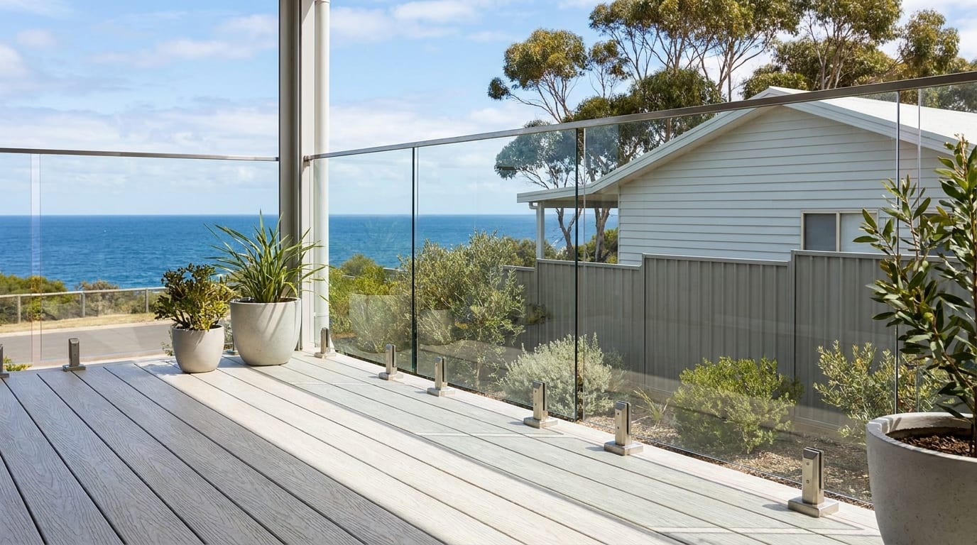 A light-grey composite deck with a glass balustrade, the sea beyond